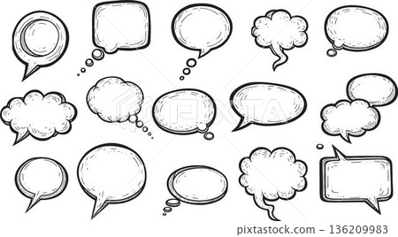 Speech bubbles collection featuring various shapes and styles including clouds ovals rectangles and irregular forms ideal for communication design projects and graphic resources 136209983