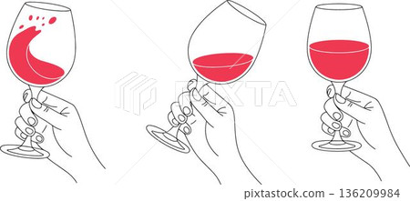 Person holding different shapes and sizes of red wine glasses with detailed illustrations isolated on transparent background a minimalist drawing showcasing elegant drinking experience Person holding different shapes and sizes of red wine glasses with detailed illustrations isolated on transparent background a minimalist drawing showcasing elegant drinking experience 136209984