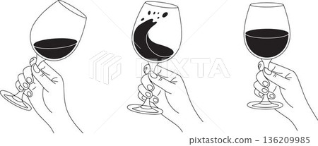 Elegant illustrations of hands holding wine glasses with varying wine levels showing sophistication social gatherings and relaxation enjoy the perfect pour cheers celebration refreshing pairing 136209985