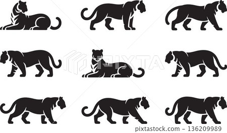Diverse Tiger Silhouettes Collection Featuring Dynamic Poses, Movement Patterns and Morphological Variations, Intricate Wildlife Big Cat Designs Isolated on Transparent Background Diverse Tiger Silhouettes Collection Featuring Dynamic Poses, Movement Patterns and Morphological Variations, Intricate Wildlife Big Cat Designs Isolated on Transparent Background 136209989