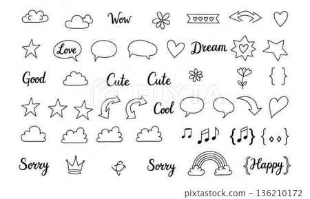 Collection of Cute Doodle Elements Hand Drawn Style on White Background Collection of Cute Doodle Elements Hand Drawn Style on White Background 136210172
