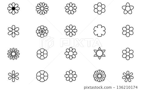 Collection of Diverse Flower Outline Icons Set on White Background 136210174