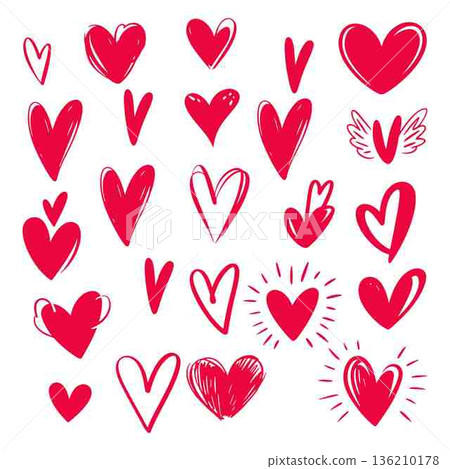 Collection of Hand Drawn Red Hearts on White Background for Design 136210178