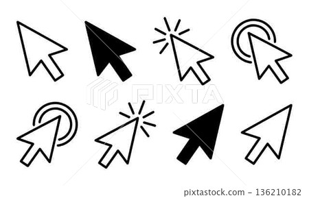 Collection of Mouse Cursors and Click Icons in Black and White Collection of Mouse Cursors and Click Icons in Black and White 136210182