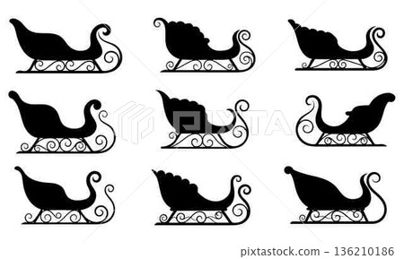 Collection of Santa Claus Sleigh Silhouette Vector Graphics on White Background Collection of Santa Claus Sleigh Silhouette Vector Graphics on White Background 136210186
