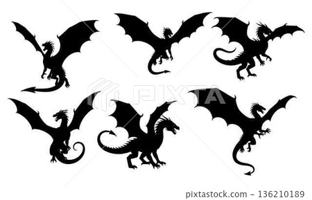 Collection of six dragon silhouettes with different poses and wing positions Collection of six dragon silhouettes with different poses and wing positions 136210189