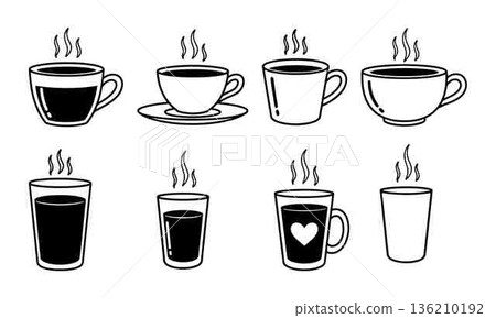 Collection of Various Cup and Glass Outlines with Steaming Beverages 136210192