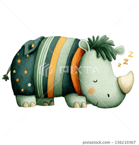 Cute watercolor rhino wearing striped pajamas sleeping in a cozy pose Cute watercolor rhino wearing striped pajamas sleeping in a cozy pose 136210367