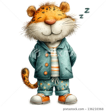 Adorable watercolor leopard wearing a blue jacket and sneakers standing tall Adorable watercolor leopard wearing a blue jacket and sneakers standing tall 136210368