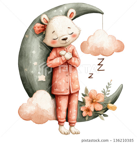 Polar bear sleeping on moon watercolor whimsical vibe 136210385
