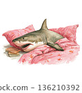 Whimsical watercolor shark sleeping in bed with pillows and books Whimsical watercolor shark sleeping in bed with pillows and books 136210392