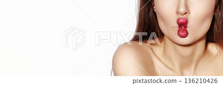 Playful Fish Face Kissy Lips And Cheek Hollowing, Beauty Blogger Portrait For Social Media, Glossy Lipstick, Minimal Background, Expressive Mouth Gesture, Youthful Charm, Studio Tone Lighting, Casual 136210426