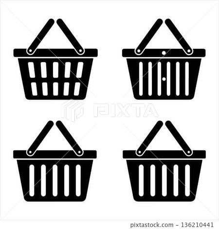 Four shopping basket icons in black silhouette for web design Four shopping basket icons in black silhouette for web design 136210441