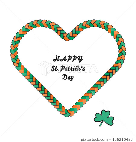Heart shape, Clover symbol frame. Braid ornament design, sketch hand drawn ink brush line, Irish tricolour Celtic decor kit, Patricks Day festive decorative border for web card project Heart shape, Clover symbol frame. Braid ornament design, sketch hand drawn ink brush line, Irish tricolour Celtic decor kit, Patricks Day festive decorative border for web card project 136210483