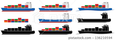Set of container ship silhouettes in black and white and color versions, without background. 136210594