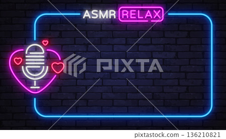 Neon vector frame featuring the text ASMR Relax with microphone and heart elements. Ideal for soothing sound videos, meditation graphics, and wellness design. Neon vector frame featuring the text ASMR Relax with microphone and heart elements. Ideal for soothing sound videos, meditation graphics, and wellness design. 136210821