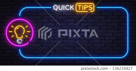 Bright neon vector design with the text Quick Tips and light bulb icon. Great for tutorials, helpful advice layouts, and educational visuals. Bright neon vector design with the text Quick Tips and light bulb icon. Great for tutorials, helpful advice layouts, and educational visuals. 136210827
