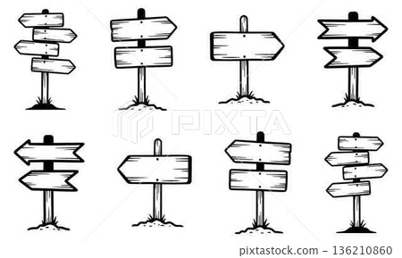 Set of Various Hand Drawn Doodle Directional Road Wood Signs Set of Various Hand Drawn Doodle Directional Road Wood Signs 136210860