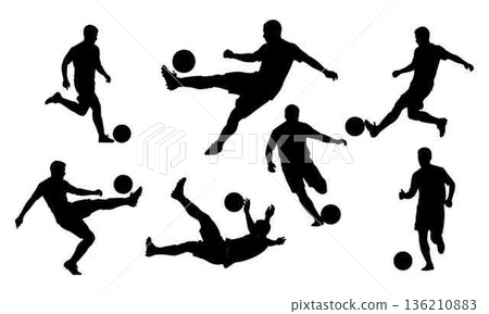 Soccer players silhouettes vector illustration showcasing skill and action moments Soccer players silhouettes vector illustration showcasing skill and action moments 136210883