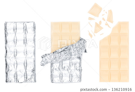 White chocolate bar with foil packaging isolated on white background White chocolate bar with foil packaging isolated on white background 136210916