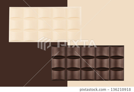 Chocolate bar background with dark and white chocolate on minimal color blocks Chocolate bar background with dark and white chocolate on minimal color blocks 136210918