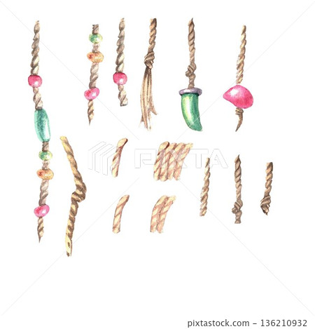 A set of cord pendants with knots and beads, hand-drawn in watercolor on an isolated white background. Simple clip art of decorative elements for jewelry, costume jewelry, amulets, and dreamcatchers 136210932