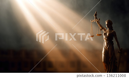 Statue of a woman holding scales. The statue is in front of a building. The statue is made of gold Statue of a woman holding scales. The statue is in front of a building. The statue is made of gold 136211008