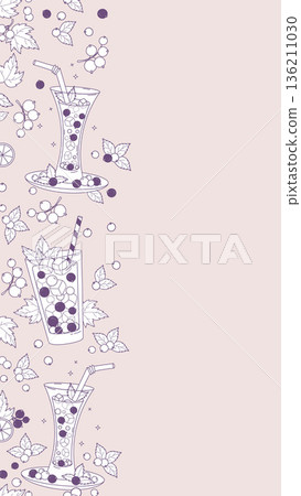 Blackcurrant Drink Outline Seamless Border. Line Art Background with Berry Cocktail, Lemonade, Ice Cubes and Mint Leaves. Vertical template with Empty Copy Space. Vector Illustration Blackcurrant Drink Outline Seamless Border. Line Art Background with Berry Cocktail, Lemonade, Ice Cubes and Mint Leaves. Vertical template with Empty Copy Space. Vector Illustration 136211030