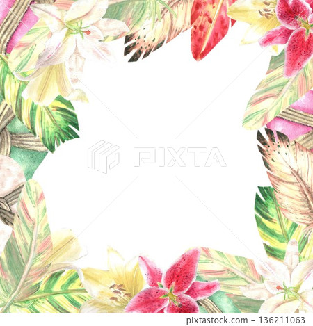 A hand-painted square frame of red, yellow, and green feathers with scarlet and white lilies on an isolated background. Simple boho-inspired frame clip art for design, cards, and invitations A hand-painted square frame of red, yellow, and green feathers with scarlet and white lilies on an isolated background. Simple boho-inspired frame clip art for design, cards, and invitations 136211063