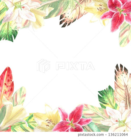 A hand-painted square frame of red, yellow, and green feathers with scarlet and white lilies on an isolated background. Simple boho-inspired frame clip art for design, cards, and invitations A hand-painted square frame of red, yellow, and green feathers with scarlet and white lilies on an isolated background. Simple boho-inspired frame clip art for design, cards, and invitations 136211064