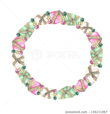 A boho-style round frame of pink, green, and white stones braided with rope, hand-painted in watercolor on an isolated background. Simple clip art for design, cards, invitations, and interior decor 136211067