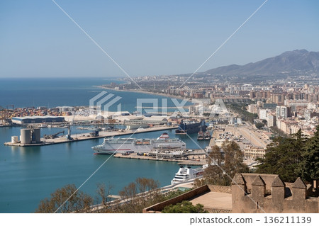 Malaga port aerial view with cruise ship and coastline, Spain 136211139