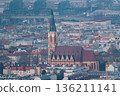 View of Vienna with St Leopoldskirche Donaufeld neo gothic brick church and tall clock tower rising above dense rooftops. Vienna, Austria 136211141