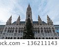 Vienna City Hall facade with clock tower and Christmas tree. Vienna, Austria 136211143