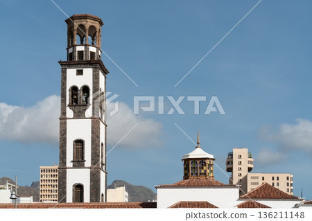 Tall bell tower of Iglesia de la Concepcion church in San Cristobal de La Laguna Tenerife, Spain 136211148