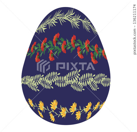 Easter egg with floral ornament, folk ornate illustration. Happy easter hand painted egg for spring holiday cards, tags 136211174