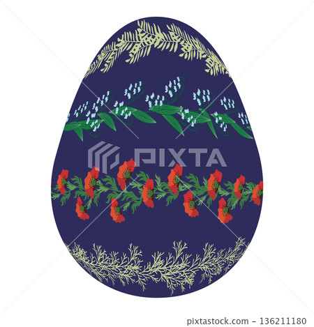 Easter egg with floral ornament, folk ornate illustration. Happy easter hand painted egg for spring holiday cards, tags 136211180