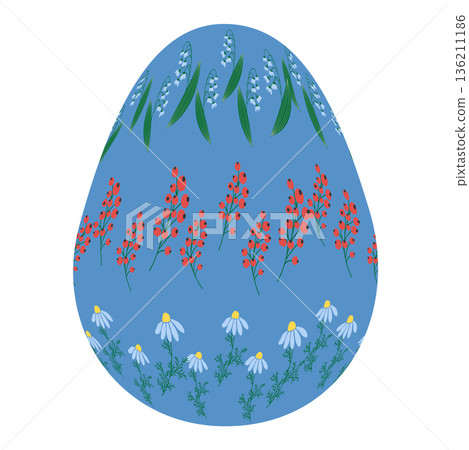 Easter egg with floral ornament, folk ornate illustration. Happy easter hand painted egg for spring holiday cards, tags 136211186