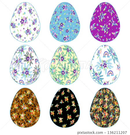 Happy Easter egg with a delicate floral pattern and leopard skin. Flowers and stars, lavender and pink colors. 136211207