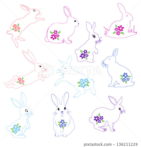 A collection of cute Easter bunnies. Cartoon characters of happy rabbits. Kawaii bunnies for Easter cards, stickers A collection of cute Easter bunnies. Cartoon characters of happy rabbits. Kawaii bunnies for Easter cards, stickers 136211229