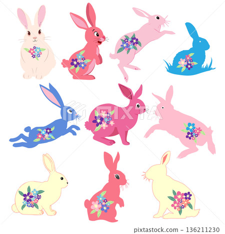 A collection of cute Easter bunnies. Cartoon characters of happy rabbits. Kawaii bunnies for Easter cards, stickers A collection of cute Easter bunnies. Cartoon characters of happy rabbits. Kawaii bunnies for Easter cards, stickers 136211230