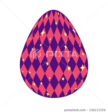 Easter egg with a bright magical pattern, pink and purple, like in Wonderland, a checkerboard pattern of diamonds 136211358