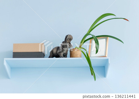 Decorative shelf featuring a dinosaur figurine, a potted plant, a cardboard box, and an empty picture frame against a light blue wall, showcasing modern interior design elements Decorative shelf featuring a dinosaur figurine, a potted plant, a cardboard box, and an empty picture frame against a light blue wall, showcasing modern interior design elements 136211441
