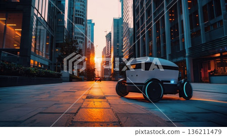 A food delivery robot moves efficiently through a bustling modern city, redefining convenience in urban dining experiences. A food delivery robot moves efficiently through a bustling modern city, redefining convenience in urban dining experiences. 136211479