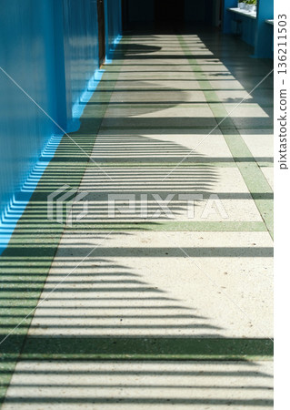 Beautiful sunlight and shadow patterns cast on a corridor floor, showcasing vibrant colors and textures, creating a captivating visual experience with artistic appeal Beautiful sunlight and shadow patterns cast on a corridor floor, showcasing vibrant colors and textures, creating a captivating visual experience with artistic appeal 136211503