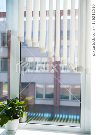 Living plants in bright sunlight by a window with vertical blinds, creating a serene atmosphere and ample copy space for design elements and text Living plants in bright sunlight by a window with vertical blinds, creating a serene atmosphere and ample copy space for design elements and text 136211510