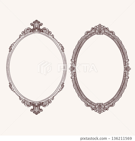 Vintage baroque and rococo frame with ornamental flourishes, scrollwork, and classic decorative borders. Ideal for elegant invitations, wedding stationery, and luxury design projects. 136211569