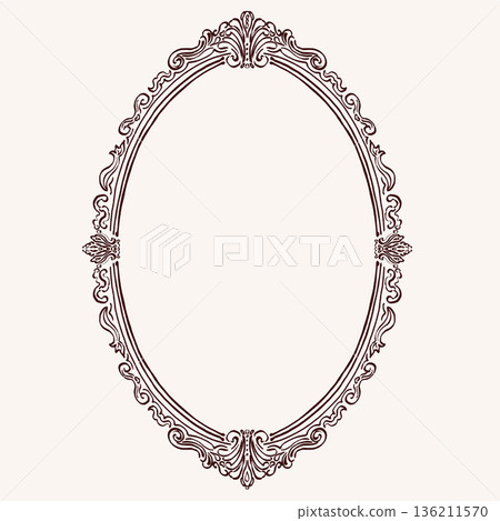Elegant vintage vector frame in baroque and rococo style. Ornate decorative borders, flourishes, filigree and luxury design perfect for invitations, posters, and artistic projects. 136211570