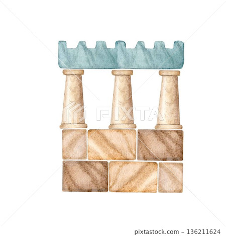 The fortress wall, assembled from wooden blocks, hand-painted in watercolors on an isolated white background, is suitable for creating compositions, decorating postcards, invitations, gift packaging. The fortress wall, assembled from wooden blocks, hand-painted in watercolors on an isolated white background, is suitable for creating compositions, decorating postcards, invitations, gift packaging. 136211624
