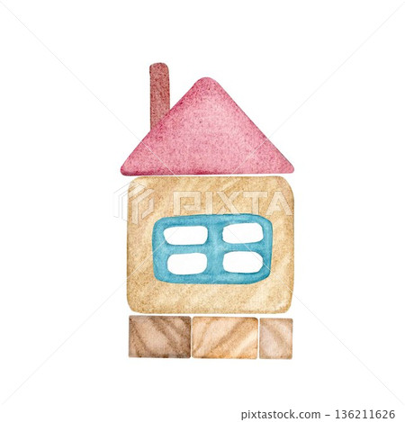 The house is made of wooden building blocks from a children's construction set and is hand-drawn on an isolated background using watercolors. It is suitable for decorating postcards, invitations, and The house is made of wooden building blocks from a children's construction set and is hand-drawn on an isolated background using watercolors. It is suitable for decorating postcards, invitations, and 136211626